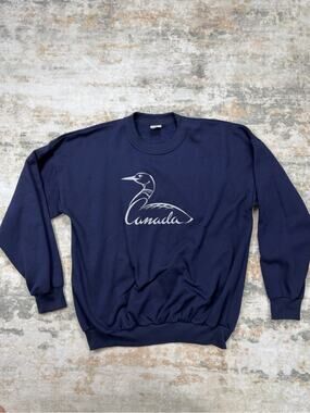 Vintage 90s Canada Loon Sweatshirt Navy Blue Cityscape Made in Canada Large